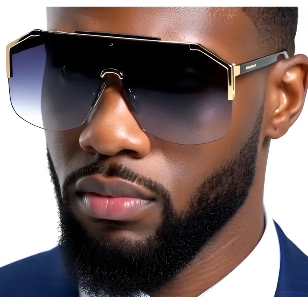Mens Shield Sunglasses Gold Trim‎ Oversized Rimless Gradient Lens Hip Hop Cholo